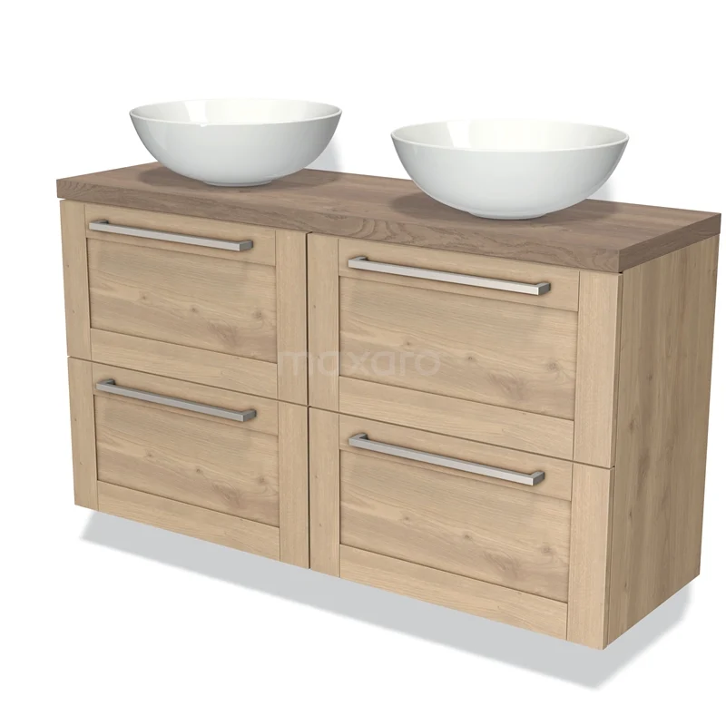 Badmöbel für Waschtischunterschrank mit Konsole 120cm Modulo Plato Slim hellbraune Eiche 4 Schubladen Rahmen mittelbraune Eiche Platte BMK38-00320 Hölzernes Badezimmermöbel mit doppelten Aufsatzwaschbecken, 4 Schubladen und modernen Metallgriffen. Perfekt für stilvolle Badezimmer.