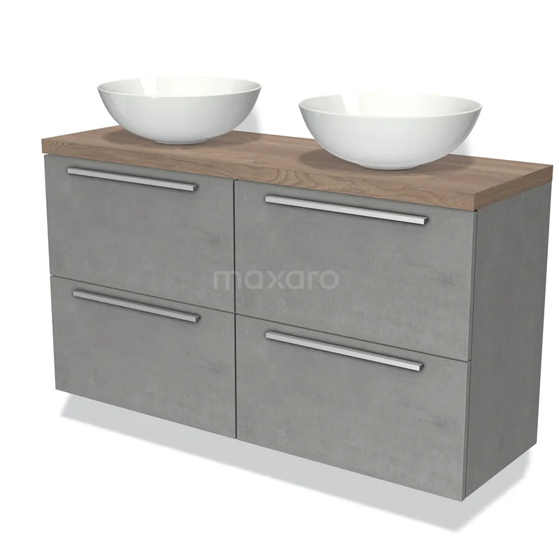 Grijze badkamermeubel met houtlook blad, twee ronde waskommen en vier lades, modern design, ideaal voor de badkamer.