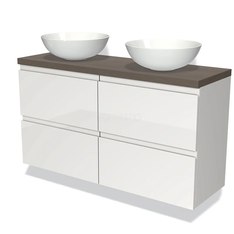 Waschtischunterschrank mit Konsole 120cm Modulo Plato Slim Hochglanz Weiß 4 Schubladen Grifflos dunkelbraune Eiche Platte BMK38-00335 Weißes Glas-Badmöbel mit Doppelwaschbecken, Holzplatte und modernem Erscheinungsbild für stilvolle Bäder.