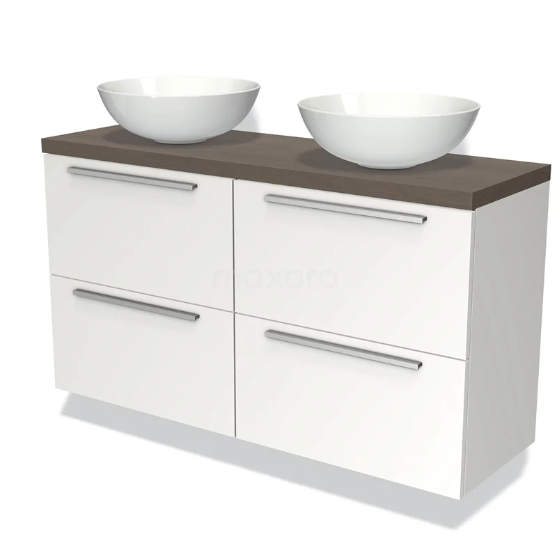 Badmöbel für Aufsatzwaschbecken 120cm Modulo Plato Slim Matt Weiß 4 Schubladen Flach dunkelbraune Eiche Platte BMK38-00336 Weißes Badezimmermöbel mit doppelten keramischen Aufsatzwaschbecken, Holzlook Platte und vier Schubladen für praktischen Stauraum.