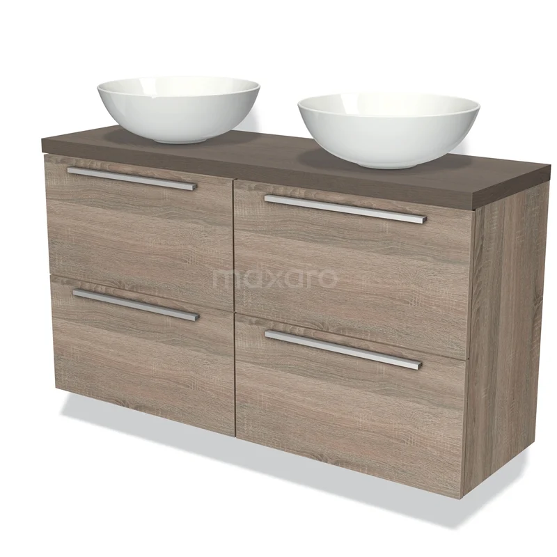 Badmöbel für Aufsatzwaschbecken 120cm Modulo Plato Slim Eiche 4 Schubladen Flach dunkelbraune Eiche Platte BMK38-00345 Holz Badezimmermöbel mit dunkler Oberseite, vier Schubladen und zwei weißen keramischen Aufsatzwaschbecken, modernes Design.