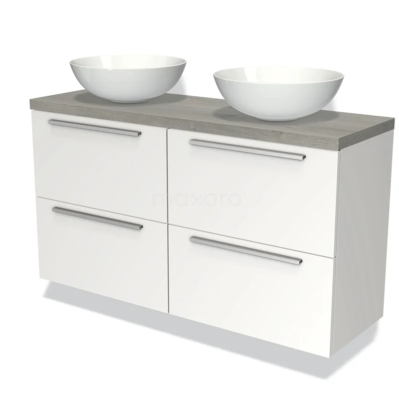 Witte badkamermeubelset met dubbele waskommen, grijze houten blad en vier lades, ideaal voor moderne badkamerinrichting.