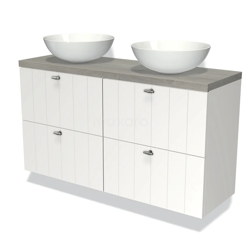 Wit houten badkamermeubel met dubbele komvormige wastafels en grijs blad, modern ontwerp, ideaal voor ruime badkamers.