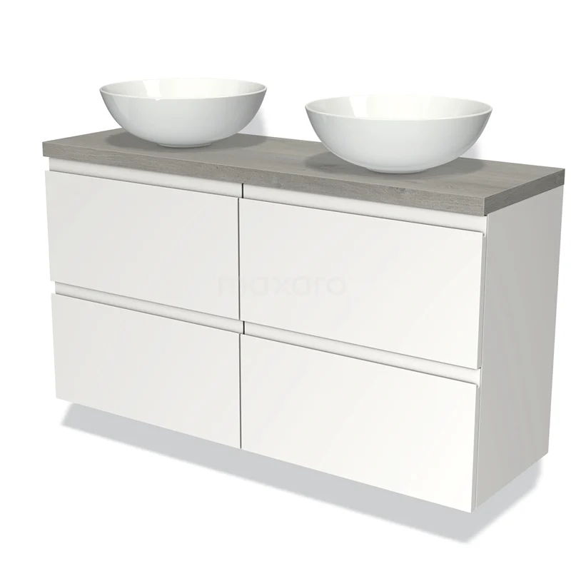 Moderne witte badkamermeubelset met dubbele waskom en grijze houtlook bovenblad, ideaal voor een stijlvol badkamerinterieur.