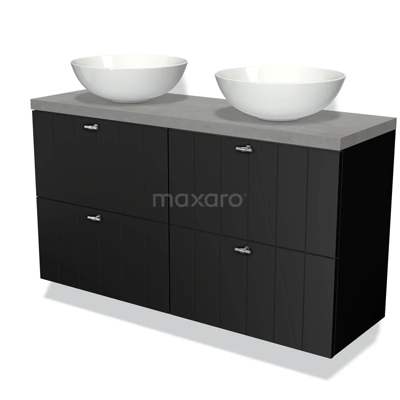 Badmöbel für Aufsatzwaschbecken 120cm Modulo Plato Slim Matt Schwarz 4 Schubladen Lamelle hellgrauer Beton Platte BMK38-00388 Schwarze Badmöbelset mit doppelten Aufsatzwaschbecken, matter Oberfläche und grauer Steinplatte, ideal für ein stilvolles Badezimmerinterieur.
