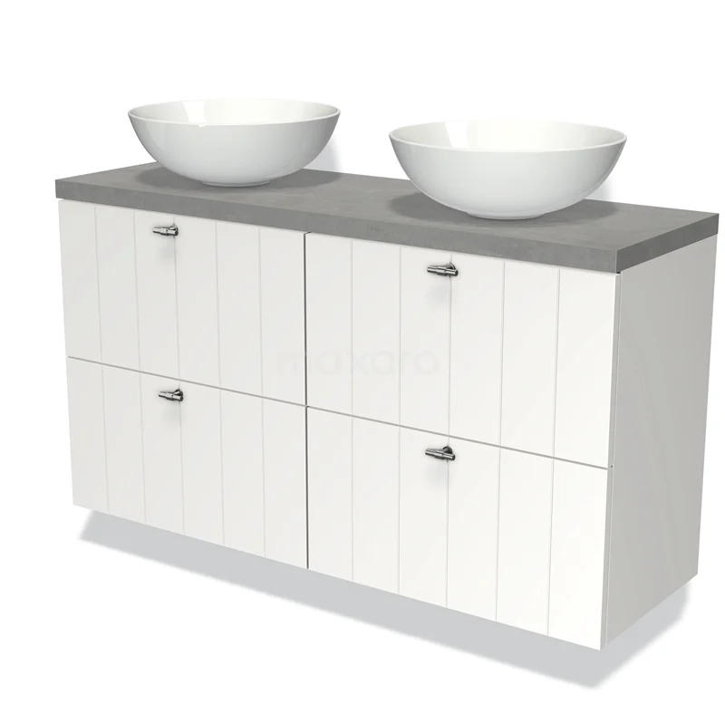 Wit houten badkamermeubel met grijs blad en twee ronde keramische waskommen, perfect voor moderne badkamers.