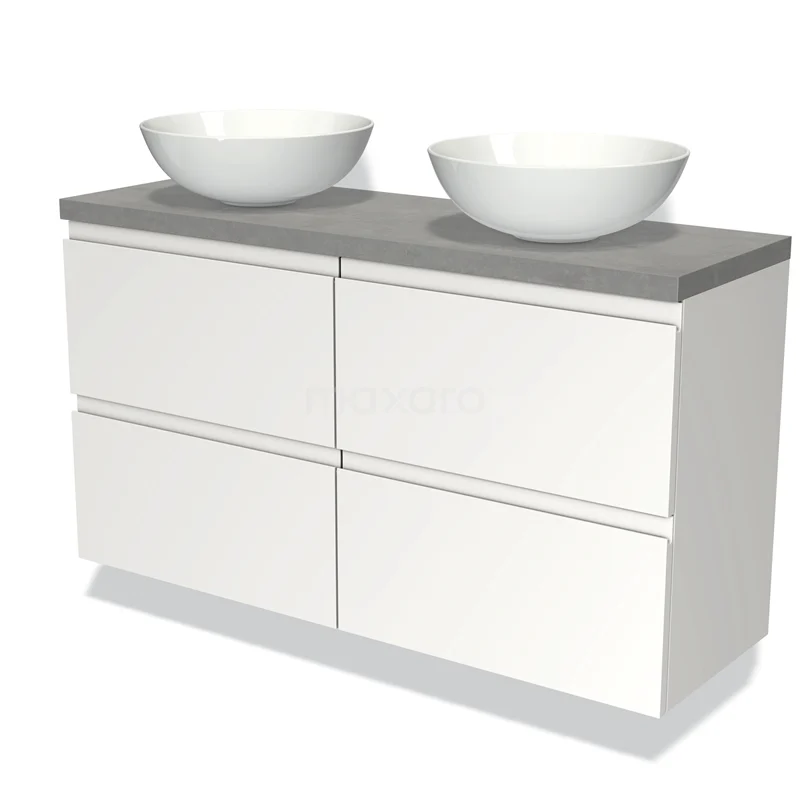 Wit badkamermeubel met grijs betonnen blad en dubbele waskommen, modern design met vier lades.