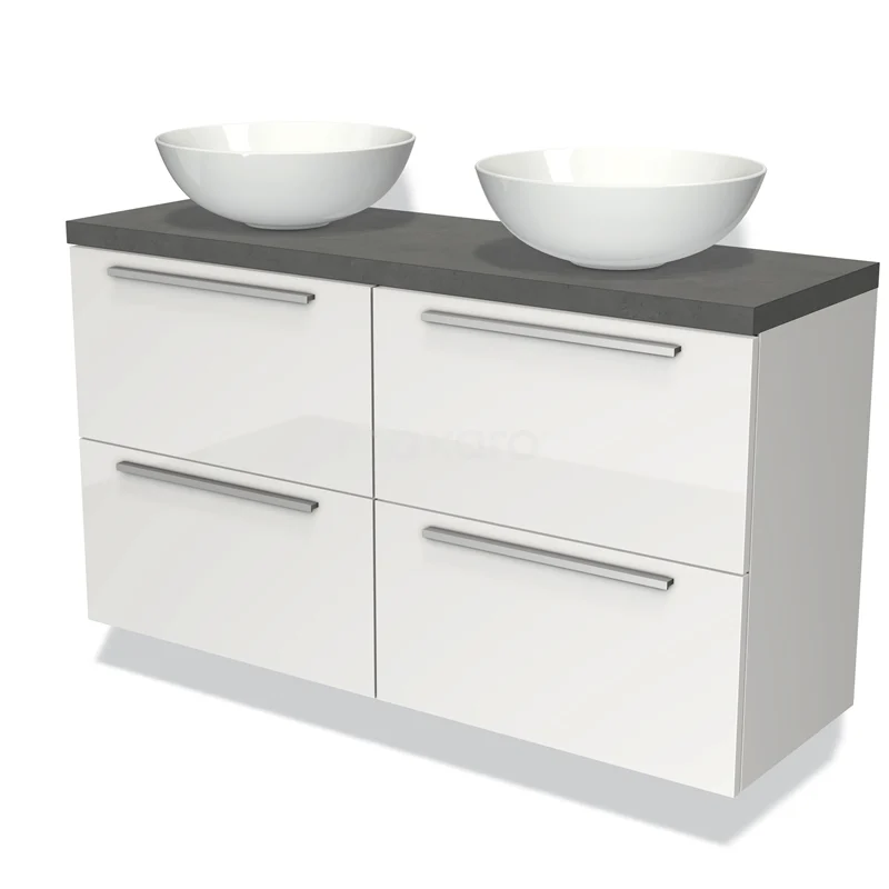Badmöbel für Aufsatzwaschbecken 120cm Modulo Plato Slim Hochglanz Weiß 4 Schubladen Flach Dunkelgrau Beton Platte BMK38-00424 Weiß glänzende Badmöbel mit doppelten Aufsatzwaschbecken, Dunkelgrau Platte und metallischen Griffen, modernes Design aus hochwertigen Materialien.