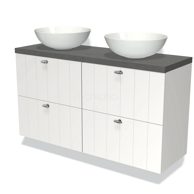Wit badkamermeubel met dubbele wastafel, antraciet blad en moderne ribbelafwerking; stijlvol en functioneel ontwerp.