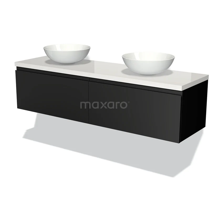 Badmöbel für Aufsatzwaschbecken 160cm Modulo Plato Matt Schwarz 2 Schubladen Grifflos Hochglanz Weiß Platte BMK12-00935 Schwarzes Holz-Waschtisch mit weißer Platte und doppelten runden Aufsatzwaschbecken, modernes Design für ein stilvolles Badezimmer.