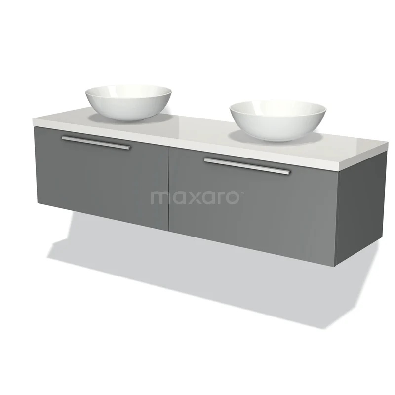 Badmöbel für Waschtischunterschrank mit Konsole 160cm Modulo Plato Mittelgrau 2 Schubladen Flach Hochglanz Weiß Platte BMK12-00951 Graue schwebende Badmöbelset mit zwei weißen schalenförmigen Waschbecken und chromfarbenen Griffen, modernes Design.