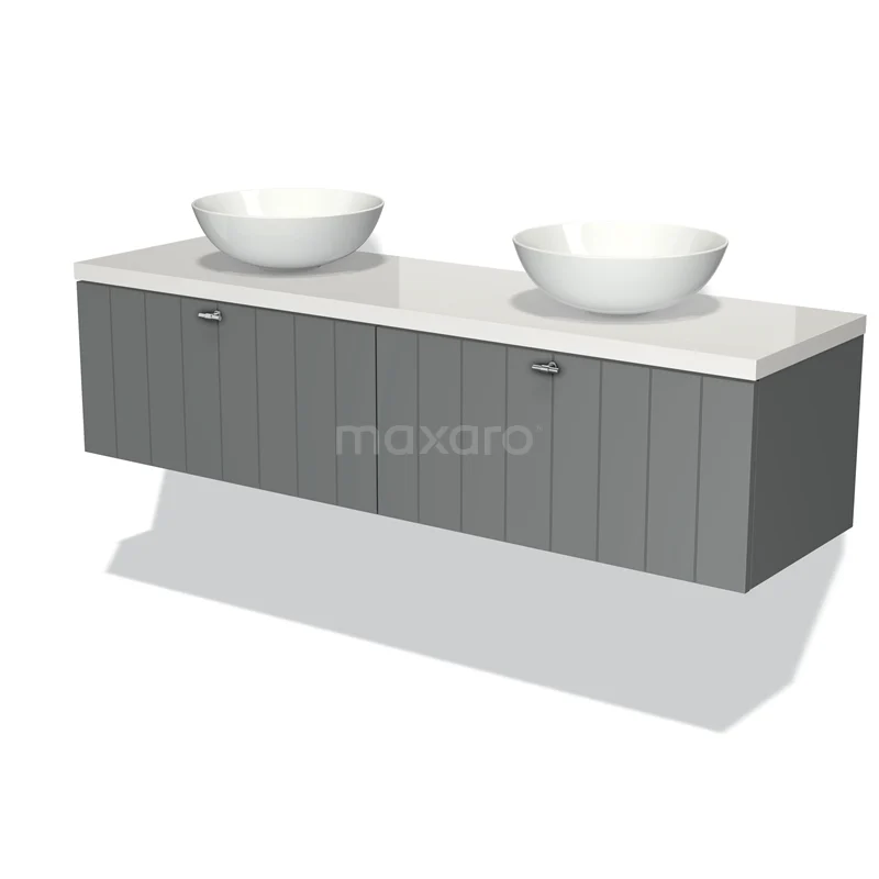 Badmöbel für Waschtischunterschrank mit Konsole 160cm Modulo Plato Mittelgrau 2 Schubladen Latten Hochglanz Weiß Platte BMK12-00952 Graues Holz Badezimmermöbel mit zwei runden weißen Aufsatzwaschbecken, modernes Design, ideal für Doppelwaschbeckenanordnung.