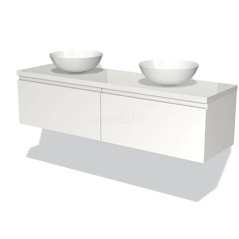 Badmöbel für Waschtischunterschrank mit Konsole 160cm Modulo Plato Matt Weiß 2 Schubladen Grifflos Hochglanz Weiß Platte BMK12-00986 Weiße Badmöbelset mit doppelten Aufsatzwaschbecken, schwebendem Design und Hochglanz-Oberfläche für einen modernen Badezimmerstil.