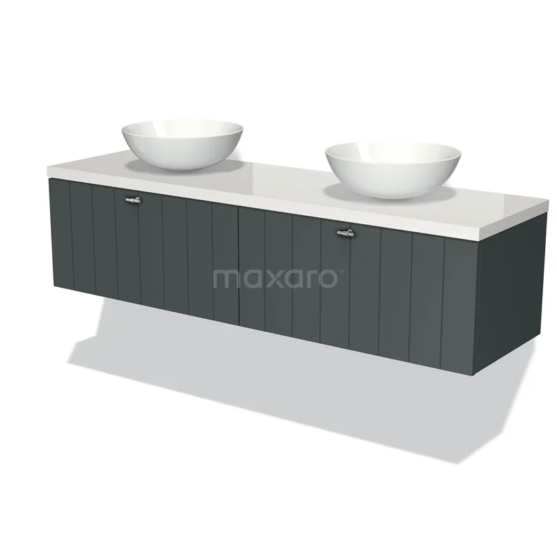 Badmöbel für Waschtischunterschrank mit Konsole 160cm Modulo Plato Dunkelgrau 2 Schubladen Lamelle Hochglanz Weiß Platte BMK12-01003 Dunkelgraue Holz-Badmöbelset mit Doppelwaschbecken, weißer Keramik und modernem, klarem Design für stilvolle Bäder.