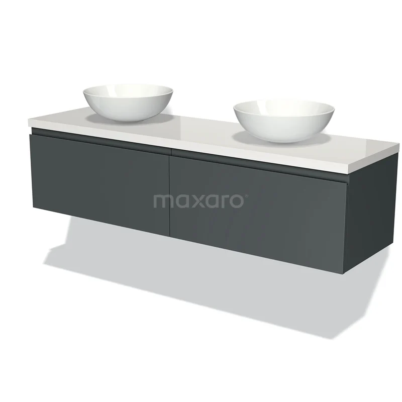 Badmöbel für Waschtischunterschrank mit Konsole 160cm Modulo Plato Dunkelgrau 2 Schubladen Grifflos Hochglanz Weiß Platte BMK12-01004 Dunkelgraue schwebende Waschtischset mit doppelten Aufsatzwaschbecken und weißer Platte, modernes Design für das Badezimmer.