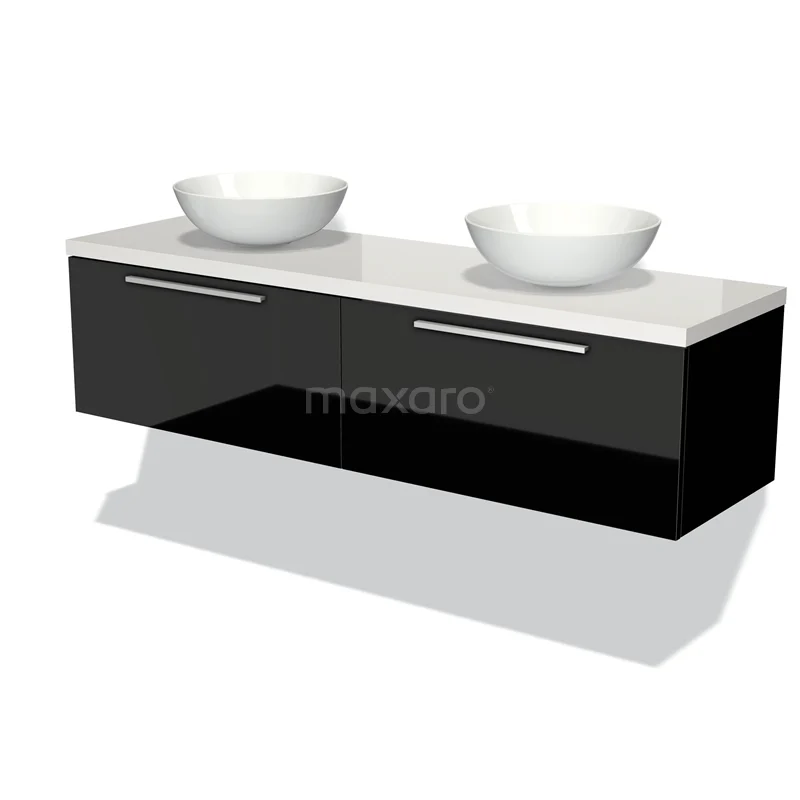 Waschtischunterschrank mit Konsole 160cm Modulo Plato Hochglanz Schwarz 2 Schubladen Flach Hochglanz Weiß Platte BMK12-01020 Zweites Schwarz Badezimmermöbel mit doppelten Aufsatzwaschbecken, glänzender Verarbeitung und weißem Waschbecken, moderne Optik.