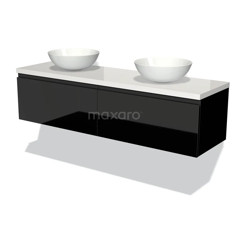 Badmöbel für Waschtischunterschrank mit Konsole 160cm Modulo Plato Hochglanz Schwarz 2 Schubladen Grifflos Hochglanz Weiß Platte BMK12-01022 Zweidimensionales Schwarz-Weiß-Badezimmermöbel mit glänzender Oberfläche, doppelten Aufsatzwaschbecken und geräumigen Schubladen.
