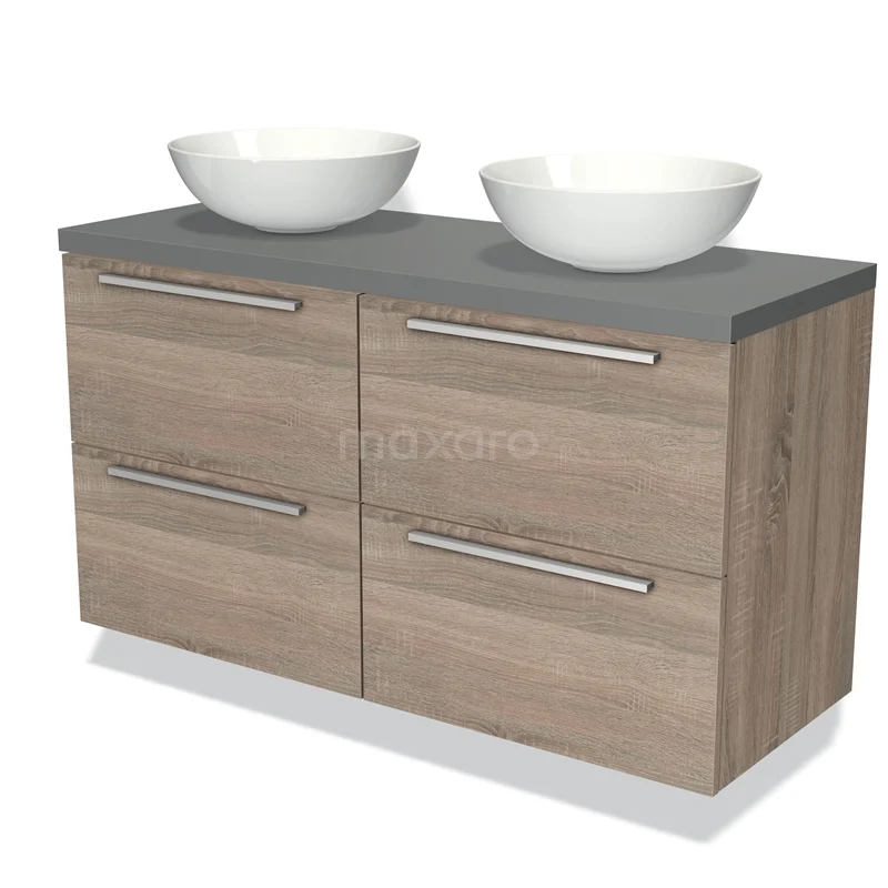 Houten badkamermeubel met dubbele wastafel, grijs blad en moderne handgrepen, ideaal voor stijlvolle badkamer inrichting.