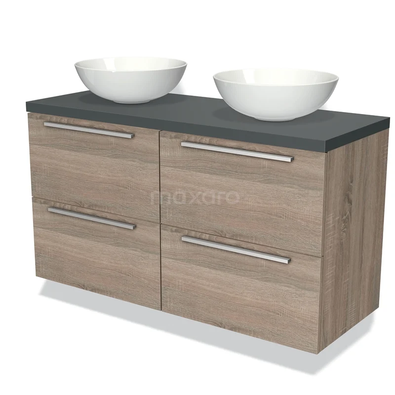 Modulo Plato Badmöbel mit Aufsatzwaschbecken | 120 cm Eiche Flach front Dunkelgrau blatt 4 Schubladen BMK18-00356 Eichen Badezimmermöbel mit zwei weißen Aufsatzwaschbecken, anthrazit Platte und chromatischen Haltegriffen, modernes und stilvolles Design.