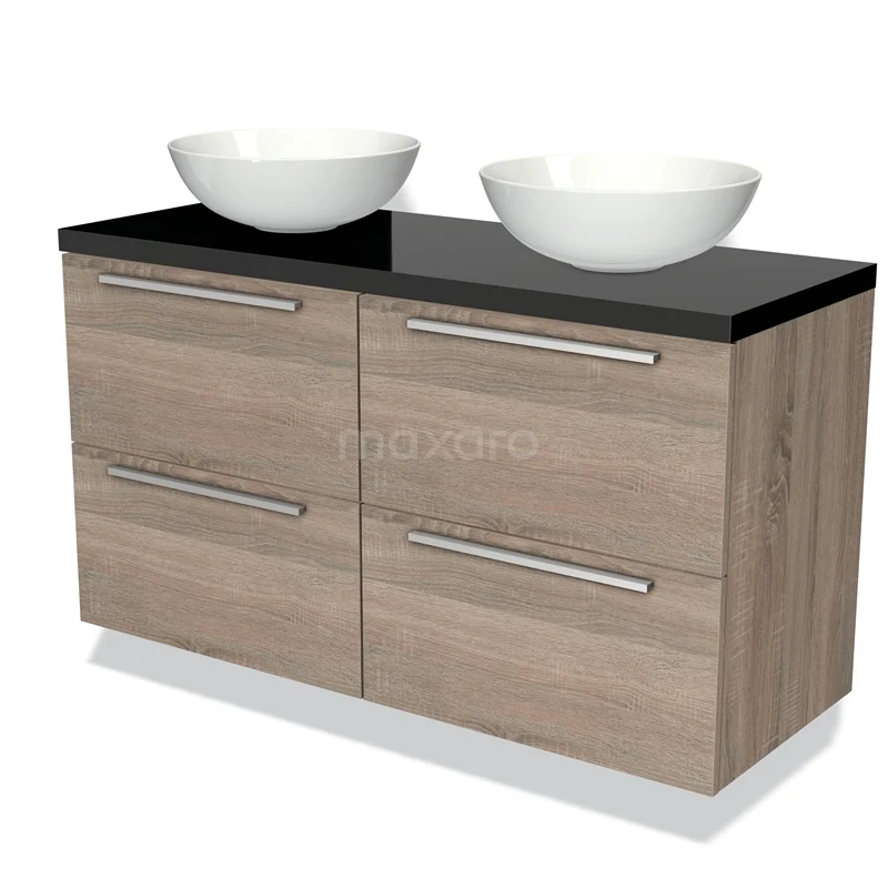 Badmöbel für Waschtischunterschrank mit Konsole 120cm Modulo Plato Eiche 4 Schubladen Flach Hochglanz Schwarz Platte BMK18-00358 Hölzernes Badezimmermöbel mit zwei runden weißen Waschbecken und schwarzer Platte, modernes Design mit geräumigen Schubladen.