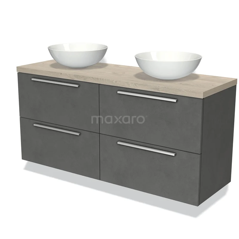 Grijze badkamermeubelset met houtlook blad, vier lades en dubbele witte waskommen, modern design.
