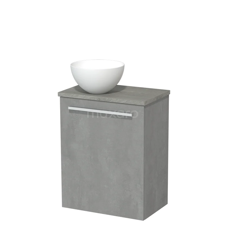 WC-Möbel mit Aufsatzwaschbecken | 41 cm Hellgrauer Beton Glatte Front Matt Weiß Solid Surface Aufsatzwaschbecken Graue Eiche Platte TMK10-08262 Kompakter grauer Badschrank mit matter Oberfläche, obenauf ein weißes keramisches Aufsatzwaschbecken, modernes Design für kleine Bäder.