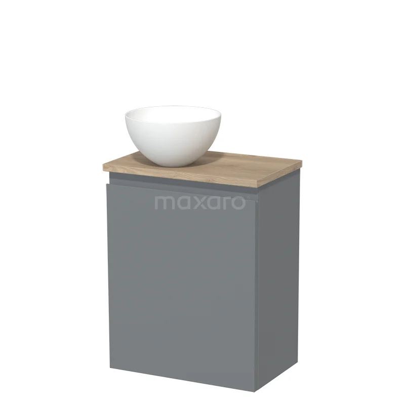Grijze badkamerkast met houten blad en witte keramische waskom, geschikt voor moderne badkamerinrichting.