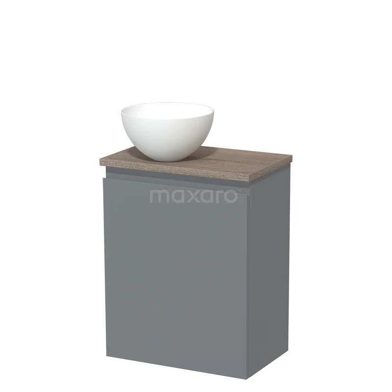 Grijze badkamermeubel met houten blad en witte ronde waskom, compact design ideaal voor moderne badkamers.