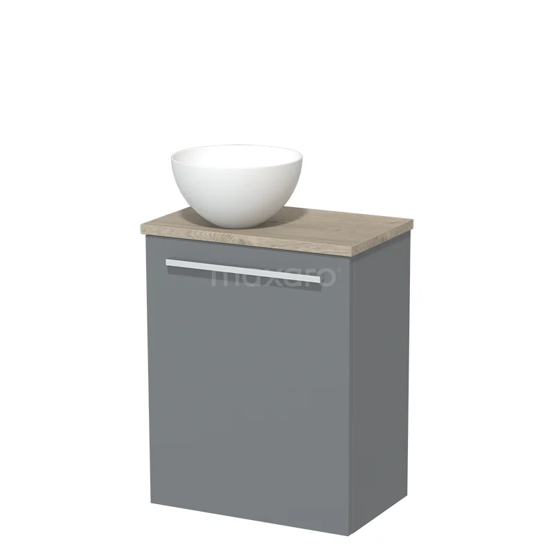 Grijze badkamerkast met houten blad en witte waskom, modern design, ideaal voor compacte badkamers.