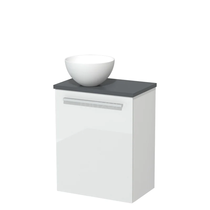 WC-Möbel mit Aufsatzwaschbecken | 41 cm Hochglanz Weiß Glatte Front Matt Weiß Solid Surface Aufsatzwaschbecken Dunkelgrau Platte TMK10-08507 Weißes Badezimmermöbel mit grauer Platte und rundem Aufsatzwaschbecken, kompaktes Design, ideal für kleine Badezimmer.