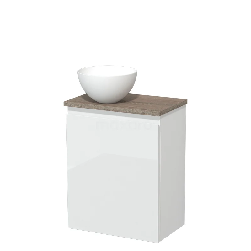 Wit badkamerkastje met houten blad en witte komvormige wastafel, modern design voor stijlvolle badkameropslag.