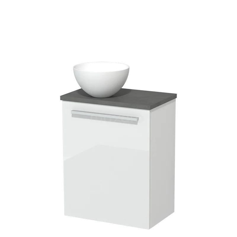 WC-Möbel mit Aufsatzwaschbecken | 41 cm Hochglanz Weiß Glatte Front Matt Weiß Solid Surface Aufsatzwaschbecken Dunkelgrauer Beton Platte TMK10-08535 Weißer Badschrank mit grauer Holzoberfläche und rundem weißen Aufsatzwaschbecken; modernes Design, perfekt für kompakte Badezimmerlagerung.