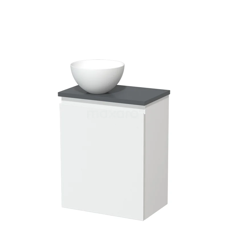 Wit badkamermeubel met grijs blad en ronde witte waskom, ideaal voor een moderne badkamer.