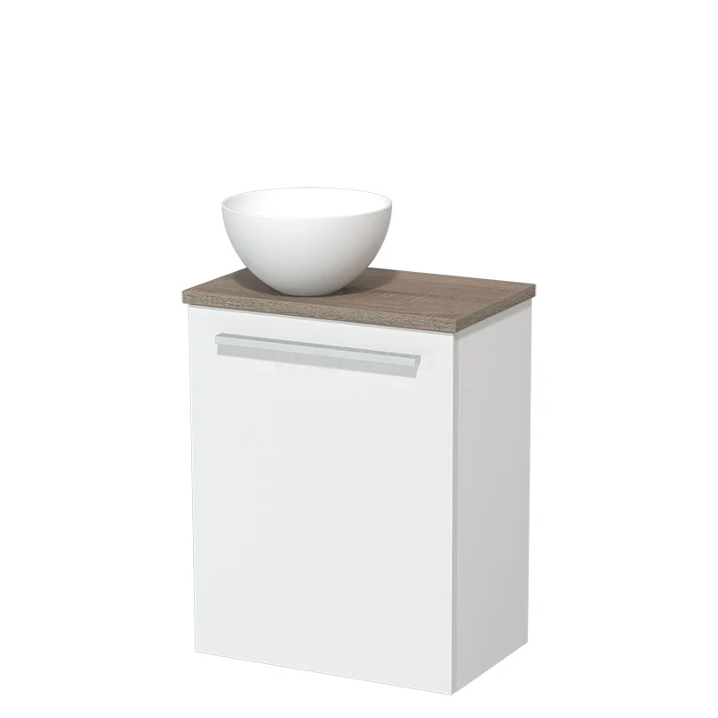 Wit badkamermeubel met houten blad en ronde wastafel, compact design voor een stijlvolle en moderne badkamerinrichting.