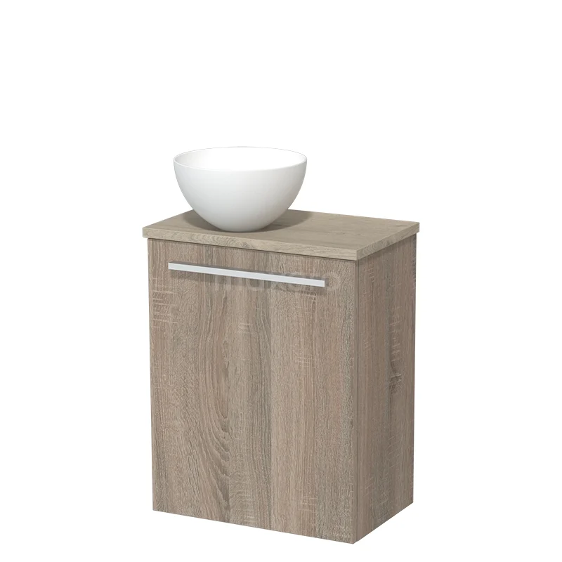Houten badkamermeubel met lade, modern design, natuurlijke houtlook, inclusief witte keramische waskom.