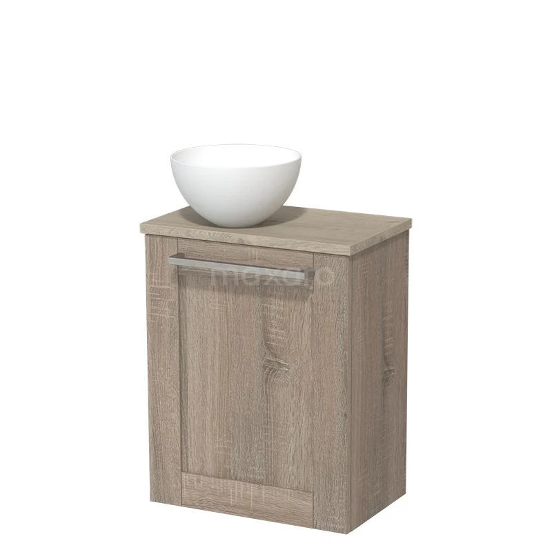 Houten badkamermeubel met beige houtlook en witte waskom, ideaal voor compacte badkamers.