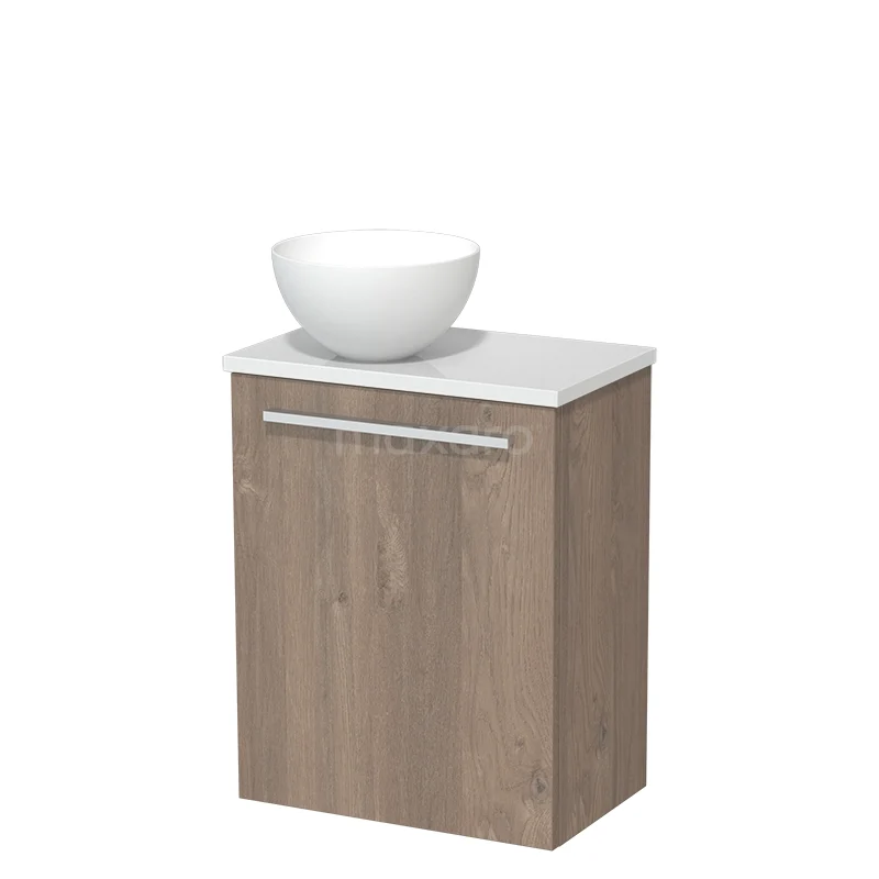 WC-Möbel mit Aufsatzwaschbecken | 41 cm Mittelbraune Eiche Glatte Front Matt Weiß Aufsatzwaschbecken Hochglanz Weiß Platte TMK10-08723 Holz-Badschrank mit weißem Aufsatzwaschbecken, modernes Design, Softclose-Schublade und Naturlook, ideal für kompakte Badezimmer.