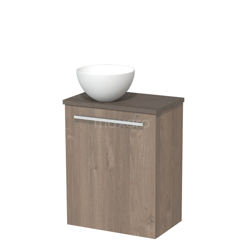 Houten badkamerkast met modern design, inclusief witte waskom; ideaal voor een stijlvolle en functionele badkamerinrichting.