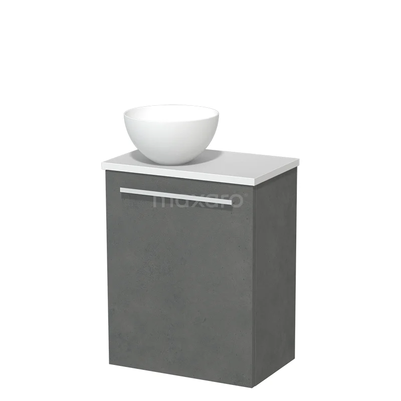 Grijs badkamermeubel met witte keramische waskom, modern design, compact formaat, ideaal voor kleine badkamers.