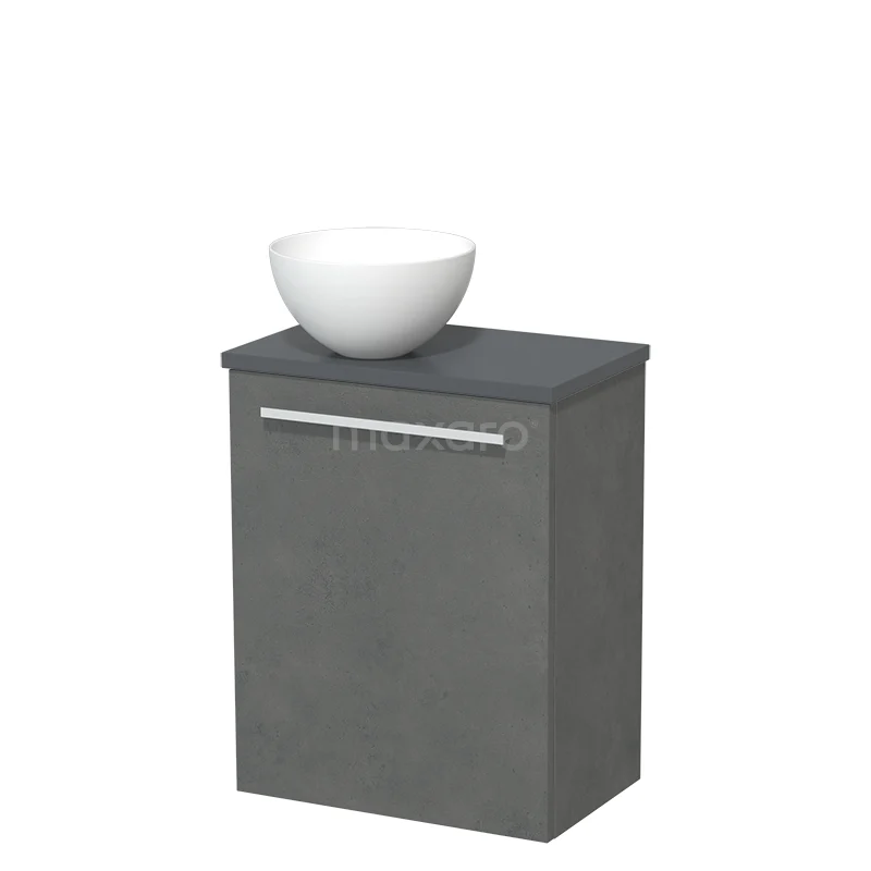 Grijze badkamermeubelset met een modern wandkastje en witte keramische kom, geschikt voor kleine badkamers.