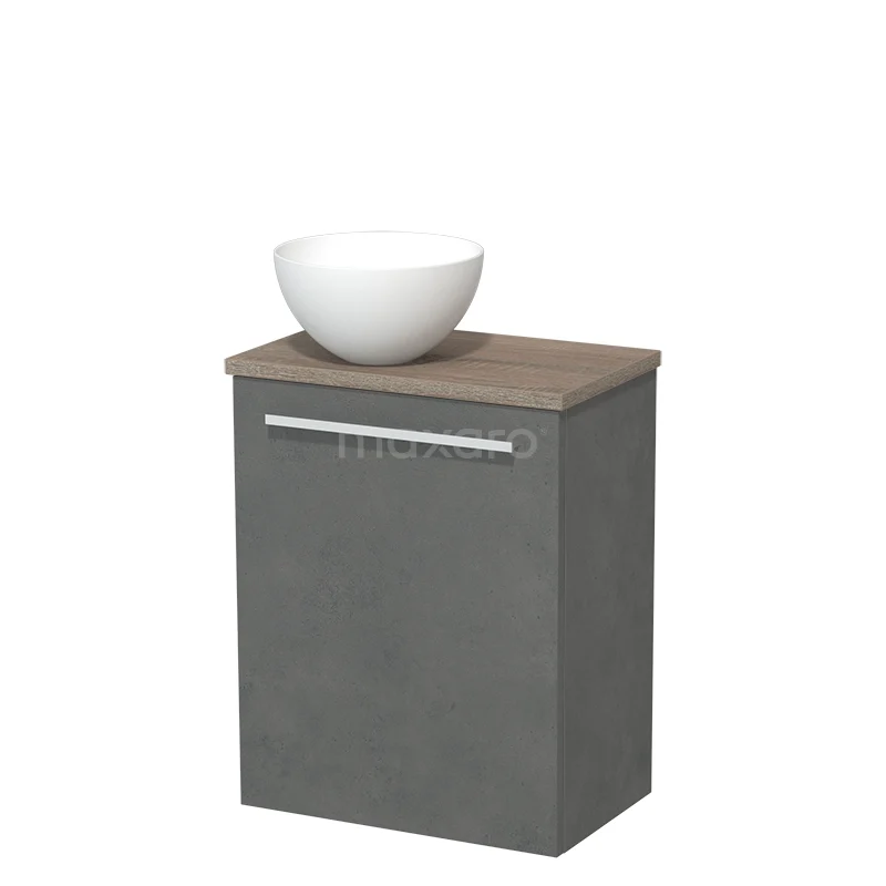 Grijs houten badkamermeubel met lade, keramische witte waskom en metalen handgreep, ideaal voor een moderne badkamerstijl.