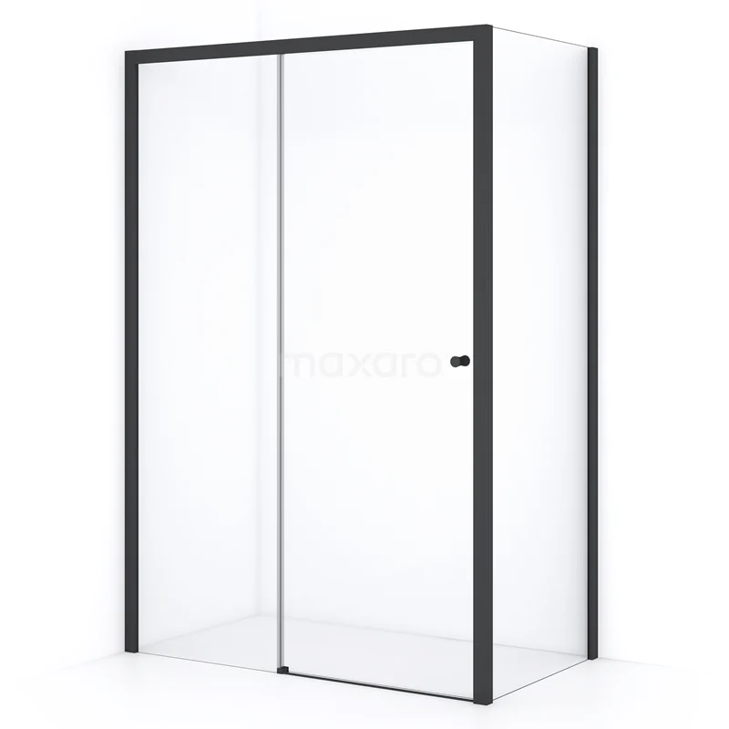 Zwarte douchecabine met schuifdeur, modern design, van mat aluminium en helder glas, ideaal voor een stijlvolle badkamer.
