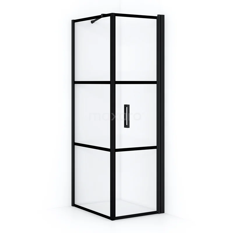 Zwarte douchecabine met helder glas, industrieel ontwerp en aluminium frame; perfect voor een stijlvolle badkamer inrichting.