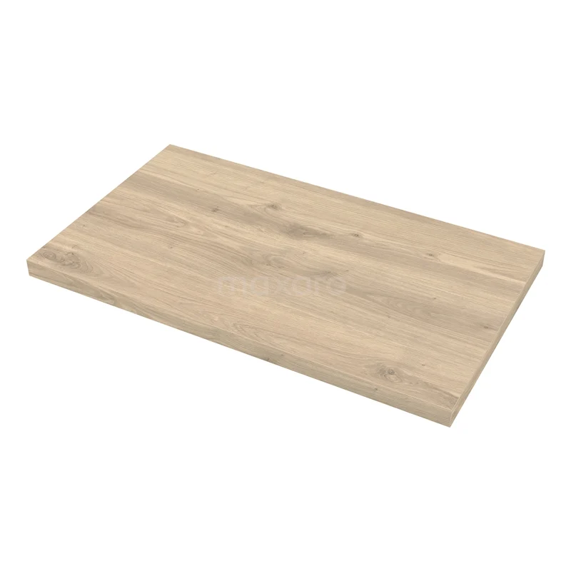 Houten wastafelblad in licht eiken, rechthoekig design, ideaal voor een moderne badkamer.