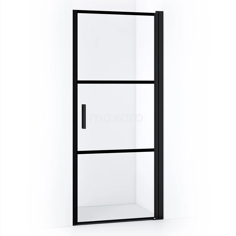Diamond Douchedeur | 70 cm Mat zwart Helder met 4 zwarte strepen Draaideur DDA107118RMBN Zwarte douchedeur met industriële uitstraling, mat zwart frame, helder glas en strakke lijnen, ideaal voor een moderne badkamer.