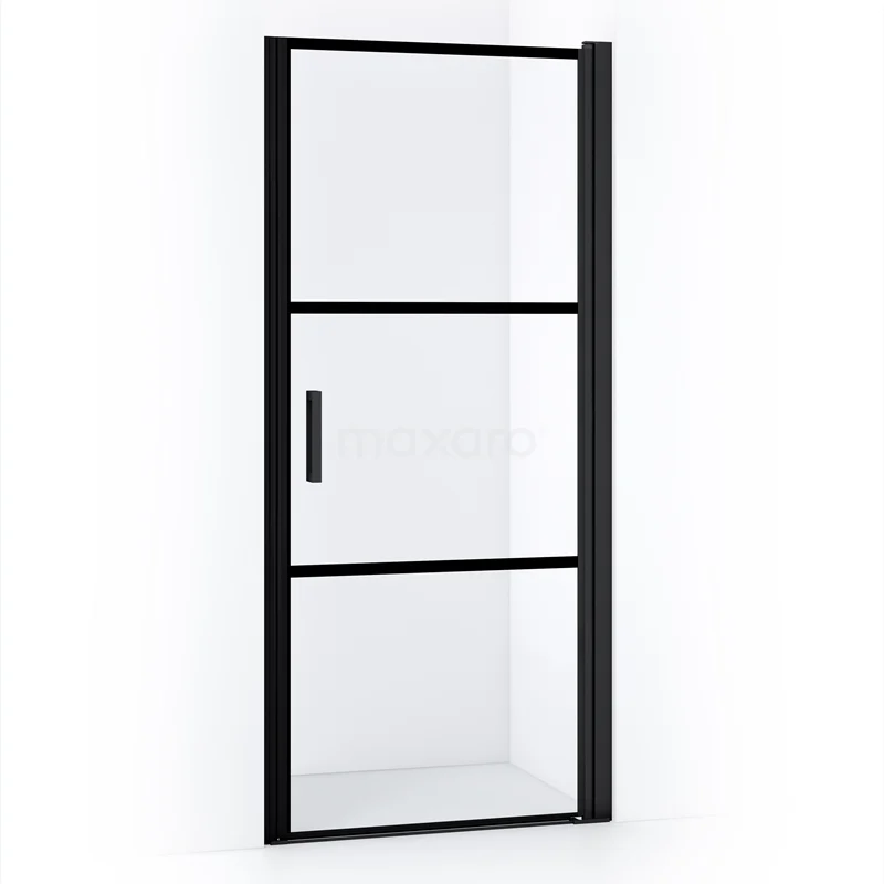 Diamond Shower door | 70 cm Matte black Clear with 4 black stripes Pivot door DDA107218RMBN Black steel shower door with clear glass, industrial design, perfect for a modern bathroom.