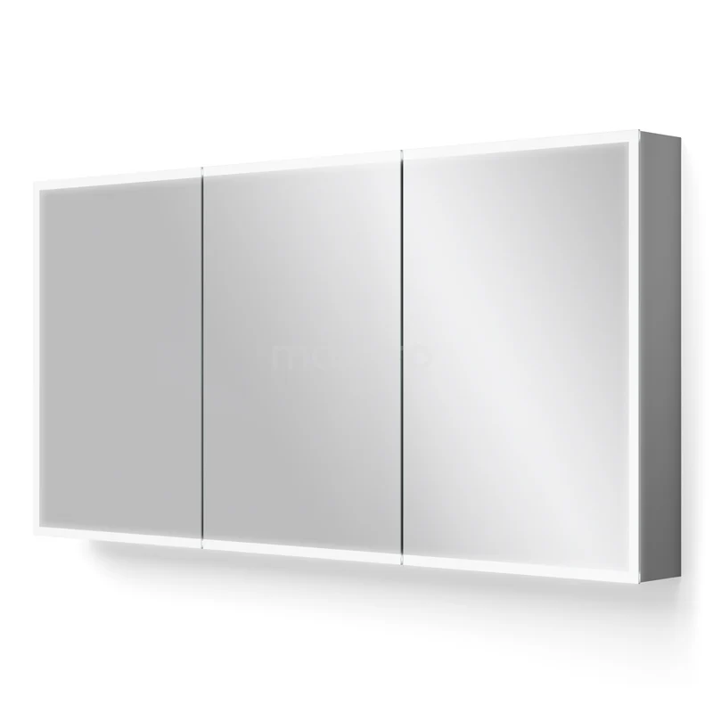 Spiegelschrank mit Beleuchtung Lento 140x70cm Steckdose K45-1400-55505 Rechteckiger Spiegelkasten mit drei Türen, weißer Rahmen, ideal für Badezimmerlagerung und moderne Badezimmergestaltung.