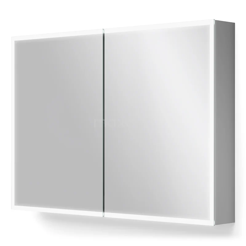 Spiegelschrank mit Beleuchtung Lento 100x70cm Steckdose K45-1000-55505 Zweipanel Spiegelschrank, modernes Design, weißer Holzrahmen, ideal für effiziente Badezimmerlagerung und stilvolle Einrichtung.