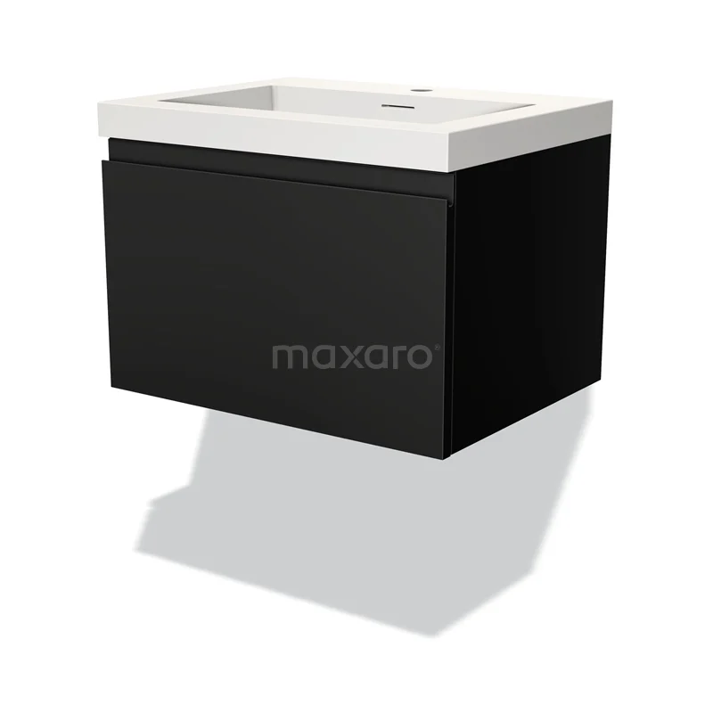 Badmöbel 60cm Modulo Matt Schwarz 1 Schublade griffloses Waschbecken Solid Surface BMW11-03011 Schwarzer, rechteckiger Badschrank mit weißem Waschbecken, modernes Design, ideal für ein stilvolles Badezimmer.