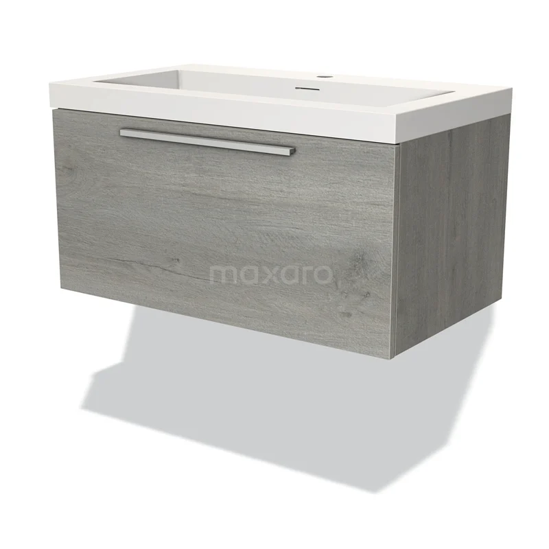 Badmöbel 80cm Modulo Graue Eiche 1 Schublade Flaches Waschbecken Solid Surface BMW11-03069 Graue schwebende Waschbeckenunterschrank mit Holzoptik und metallischer Haltegriff, ideal für moderne Badezimmerlagerung.